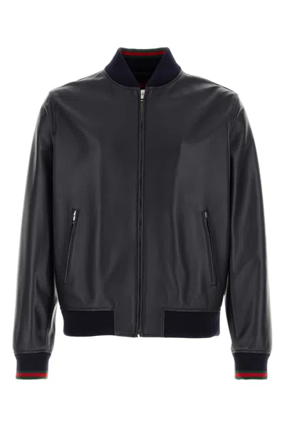 Gucci Midnight Blue Leather Bomber Jacket In Black