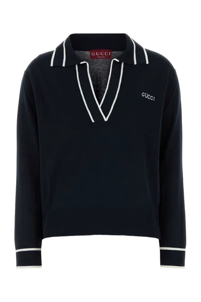 Gucci Blue Polo Shirt With V Neck And Logo Lettering On The Front In Silk And Cotton Woman
