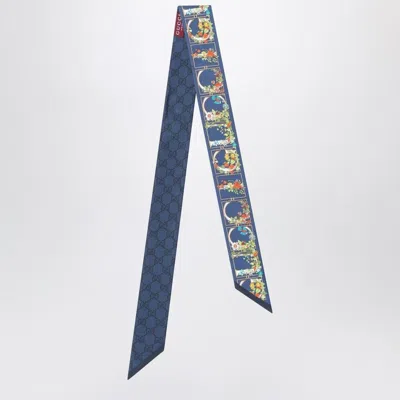 GUCCI GUCCI  MIDNIGHT BLUE SILK FLORAL PRINT SCARF