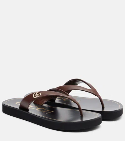 Gucci Mila Double G Leather Thong Sandals In Brown