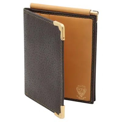 Pre-owned Gucci Milano 1970 Vintage Foldable Thin Wallet In Brown Leather & Gilt Bronze