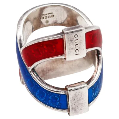 Pre-owned Gucci Milano Vintage Red And Blue Enamel Ring In Solid .925 Sterling Silver