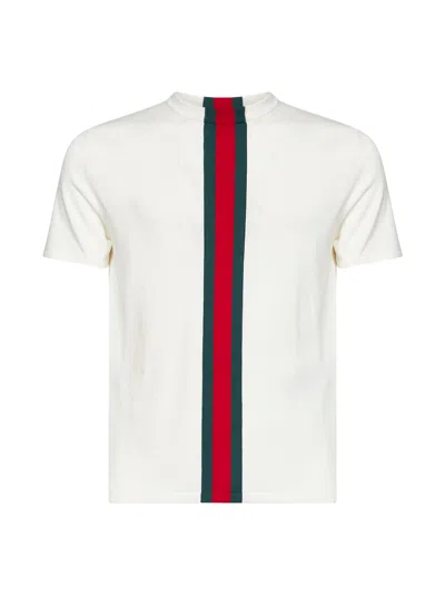 Gucci Milky White Cotton Knit T-shirt With Web Intarsia