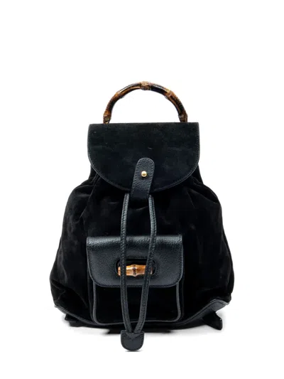 Pre-owned Gucci Mini Bamboo Drawstring-fastening Backpack In Black