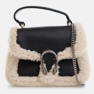Pre-owned Gucci Mini Beige/black Calf Leather Shearling Dionysus Top Handle In Sand