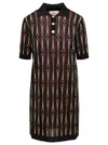 Gucci Mini Black Dress With Short Sleeves And All-over Horsebit Print In Lurex Woman In Multicolor
