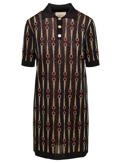 Gucci Mini Black Dress With Short Sleeves And All-over Horsebit Print In Lurex Woman In Multicolor