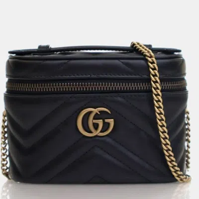 Pre-owned Gucci Mini Calfskin Gg Marmont Top Handle Vanity In Black