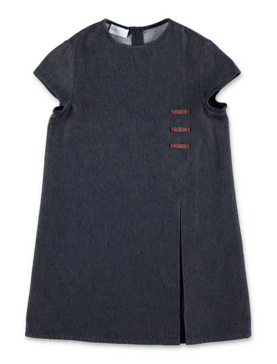 Gucci Mini Denim Dress With Web Stripe Bows In Blue