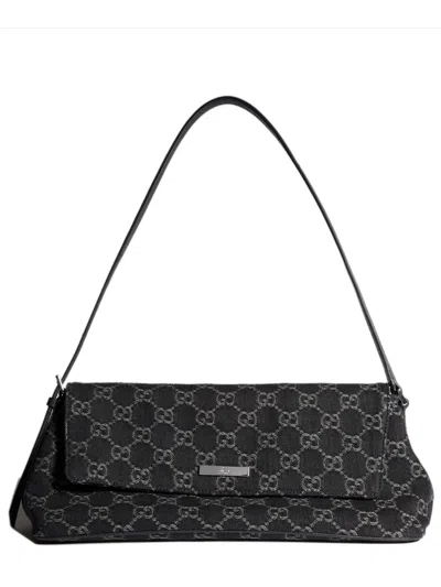 Gucci Mini Denim Shoulder Bag 13 Cm Height With Adjustable Leather Strap In Nero