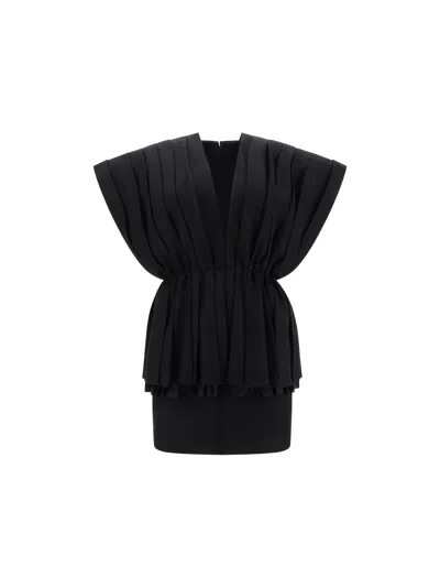 Gucci Pleated Wool Mini Dress In Black