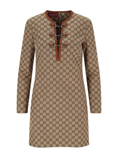 Gucci Gg Canvas Long-sleeve Mini Dress In Brown