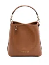 Gucci Gg Emblem Leather Bucket Bag With Frontal Logo In Brown