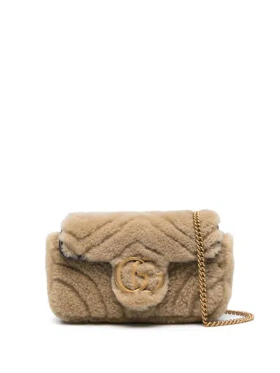 Gucci Gg Marmont Mini Shearling Shoulder Bag In Beige