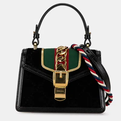 Pre-owned Gucci Mini Gg Velvet Sylvie Satchel Bag In Black