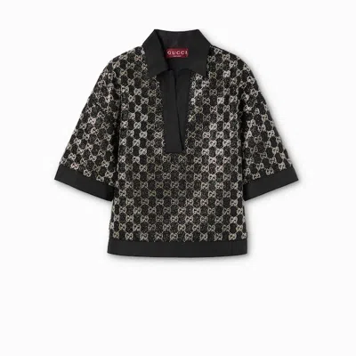 Gucci Mini Light Wool Tweed Short Sleeve Blouse - Size 40 In Black