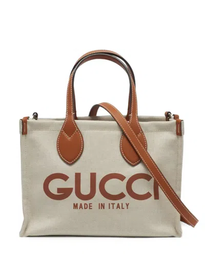 Pre-owned Gucci Mini Logo-print Canvas Tote Bag In Neutrals