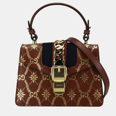 Pre-owned Gucci Mini Printed Calfskin Sylvie Satchel In Red