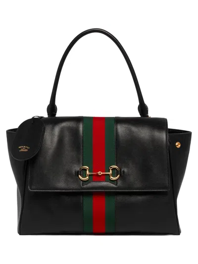 Gucci Mini Soft Leather Shoulder Bag With Web Stripe, Horsebit & Diamante Lining In Nero
