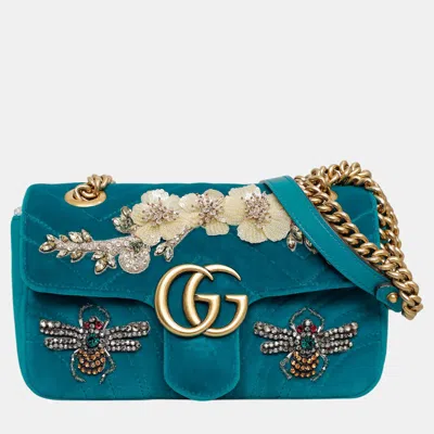 Pre-owned Gucci Mini Velvet Embroidered Gg Marmont Flap Bag In Blue