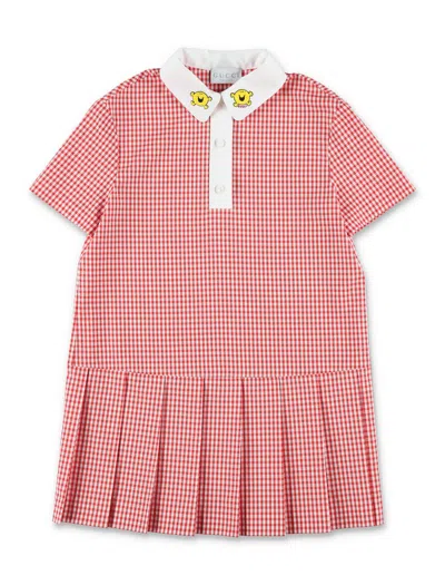 Gucci Mini Whimsical Character Checkered Dress For Girls In Red/white