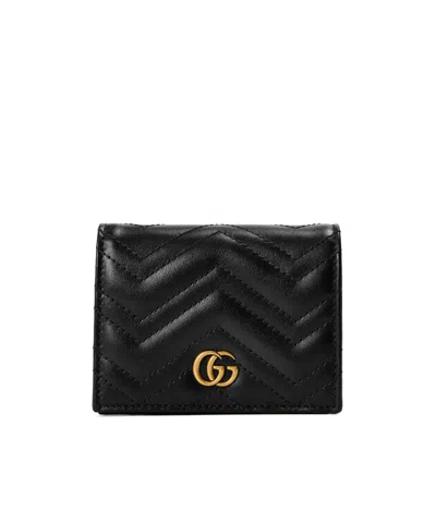 Gucci Black Leather Small Gg Marmont Wallet In Red