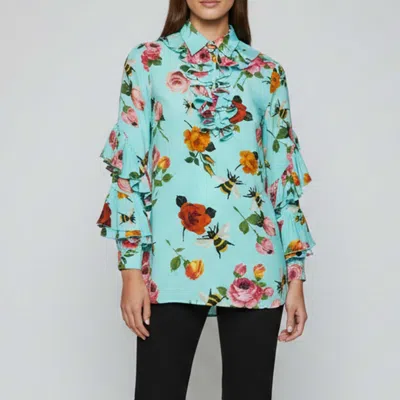 Pre-owned Gucci Mint Green Floral Print Silk Ruffled Blouse S