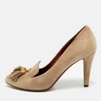 Pre-owned Gucci Mischa Size 38 Beige Suede Tassel Loafer Pumps In Sand