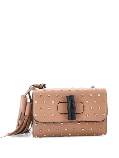 Pre-owned Gucci Miss Bamboo Studded Leather Small Shoulder Bag In Neutrals