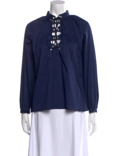 Pre-owned Gucci Mock Neck Long Sleeve Blouse In Blue