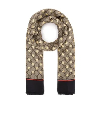 Gucci Modal Silk Shawl With Gg Bees Motif In Nude