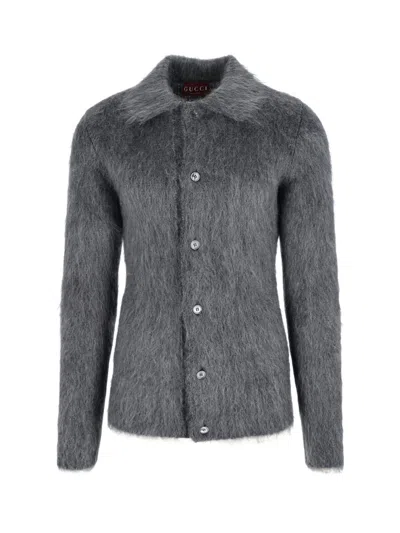 Gucci Men Grey Cardigan With Classic Collar And Brushed Effect In Mohair Blend Woman In Gray