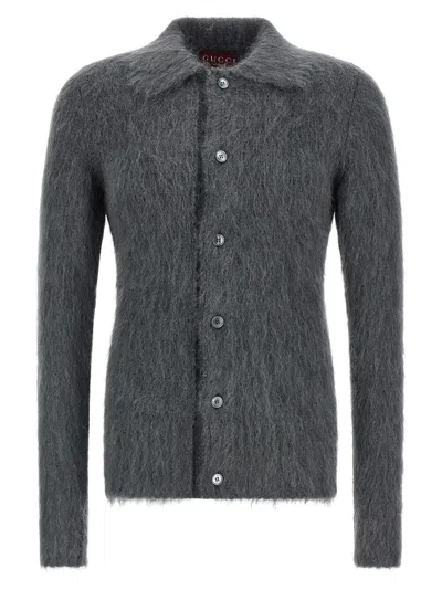 Gucci Men Grey Cardigan With Classic Collar And Brushed Effect In Mohair Blend Woman In Gray
