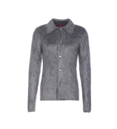Gucci Men Grey Cardigan With Classic Collar And Brushed Effect In Mohair Blend Woman In Gray
