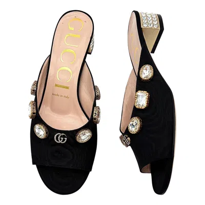 Pre-owned Gucci Moire Crystal Embellished Lyric Interlocking Gg Slip On Slides Mules 37.5 In Black