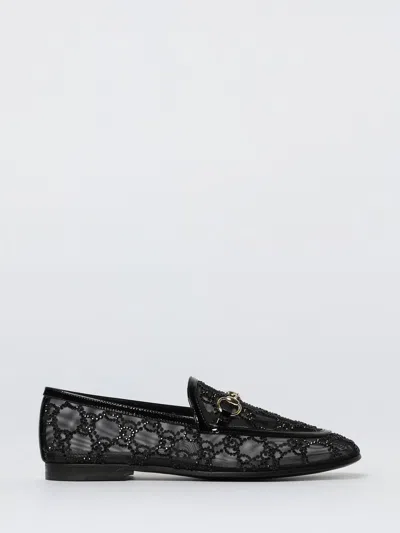 Gucci Almond Toe Mesh Loafers Embellished With Crystals In Black