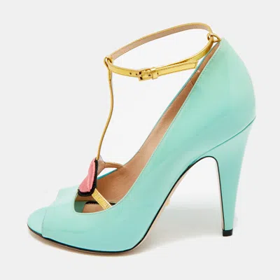 Pre-owned Gucci Molina Size 38 Light Turquoise/gold Patent And Leather T-strap Pumps In Blue
