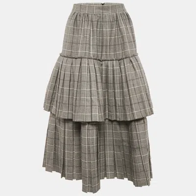 Pre-owned Gucci Monochrome Prince Of Wales Wool Tiered Midi Skirt M In Gray