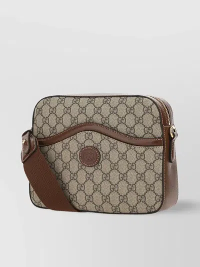 Gucci Monogram Canvas Crossbody Bag With Leather Trim In Brown
