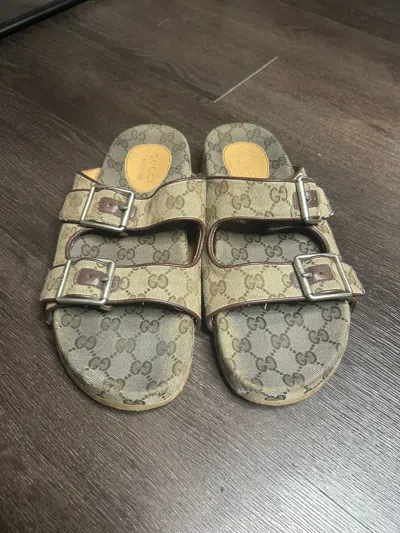 Pre-owned Gucci Monogram Canvas Sandals Birkenstock Style In Brown