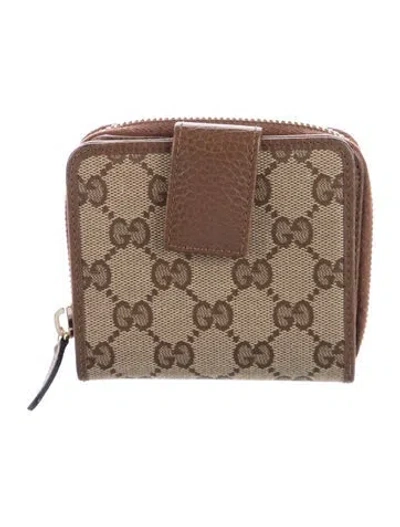 Pre-owned Gucci Monogram Dollar Calfskin Zip Around French Wallet Gg Canvas Compact Wallet In Brown