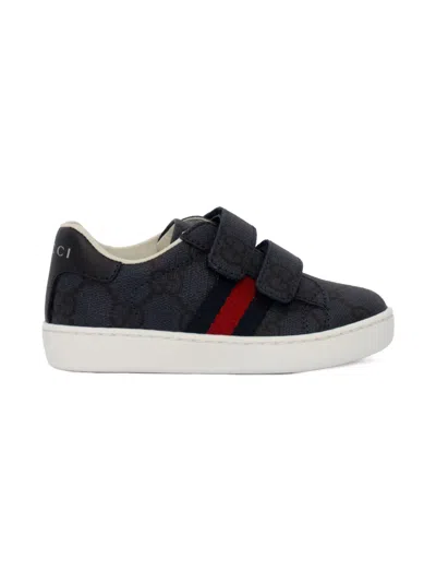 Gucci Kids' Monogram Double Strap Sneakers In Black