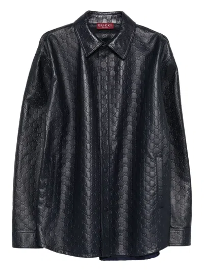 Gucci Long-sleeved Leather Shirt Jacket In Black