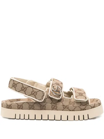 Gucci Monogram Flat Sandals In Neutral