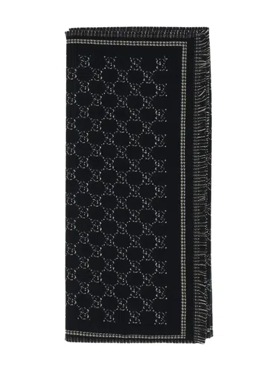 Gucci Monogram Fringed Scarf In Black