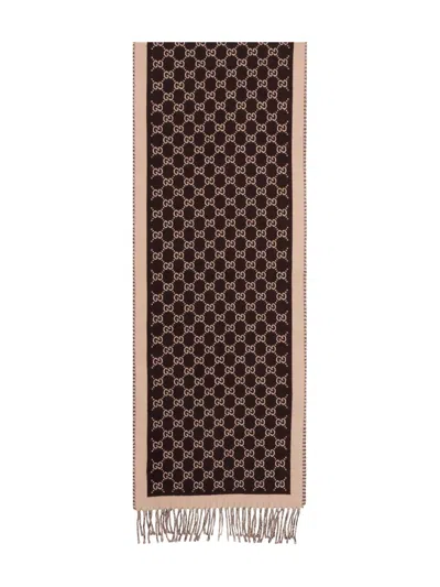 Gucci Monogram Fringed Scarf In Brown