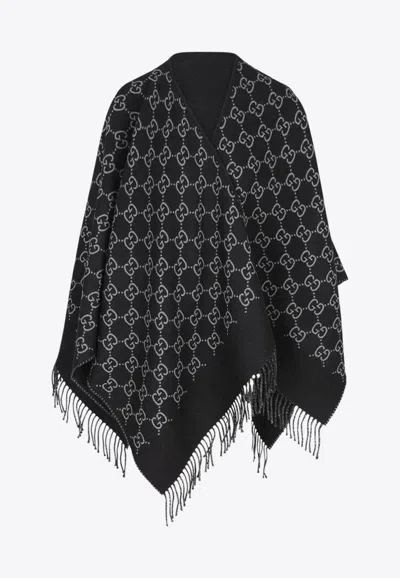Gucci Monogram Fringed Wool Poncho In Black