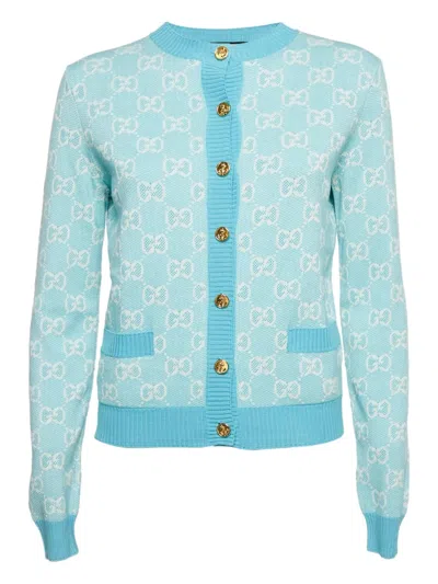 Pre-owned Gucci Monogram Jacquard Cardigan In Blue
