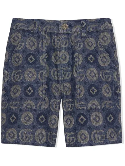 Gucci Kids' Monogram-jacquard Denim Shorts In Blue