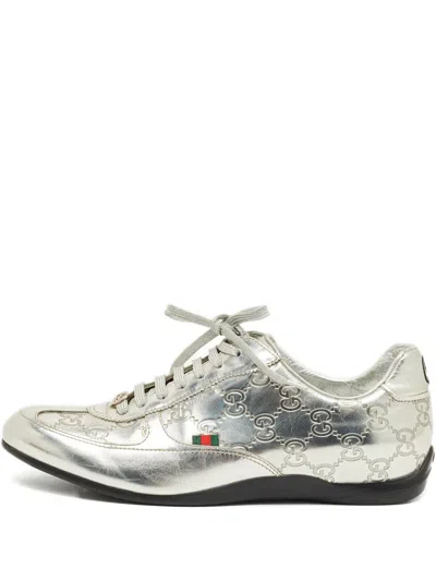 Pre-owned Gucci Monogram Leather Sneakers In Silver